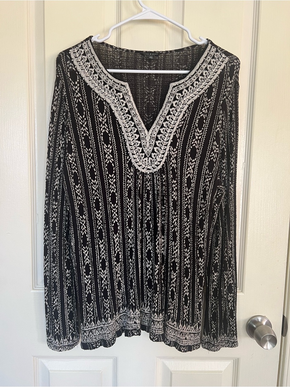 Lucky Brand Boho Lagenlook Embroidered Tunic Black Off White L